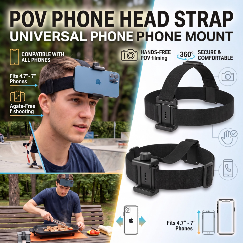 Suporte de telefone montado na cabeça para filmagens em primeira pessoa, vídeos de unboxing e transmissões ao vivo com c