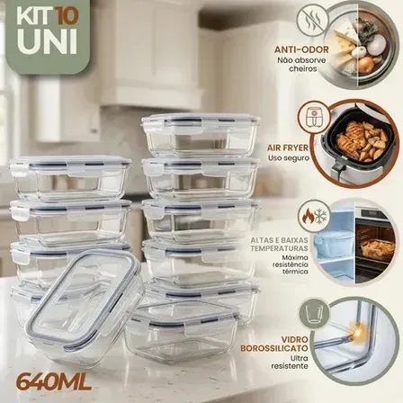 Kit 10 Potes Vidro Hermetico Vai Ao Forno Microondas 640ml Marmita Hermético Freezer Fitness Rishon