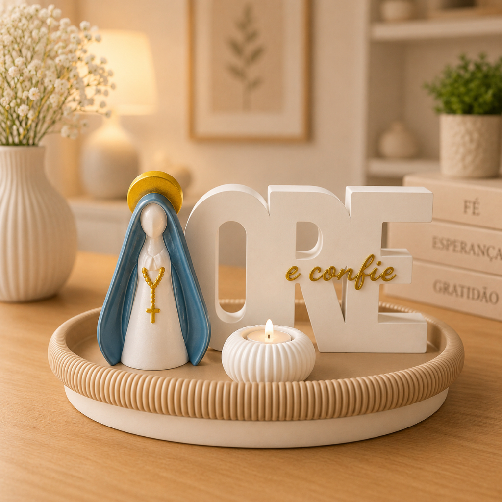 Presente Religioso  Conjunto Nossa Senhora Aparecida / Porta Velas e Letreiro ORE e CONFIE Decorativo