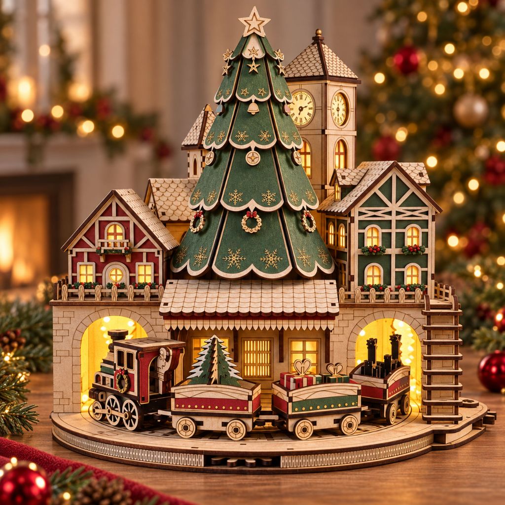 VILA DE NATAL COM ENGRENAGEM QUE RODA O TREM CENÁRIO VILA NATALINA COM PAPAI NOEL E ÁRVORE DE NATAL EM MDF 3mm 1ºLINHA