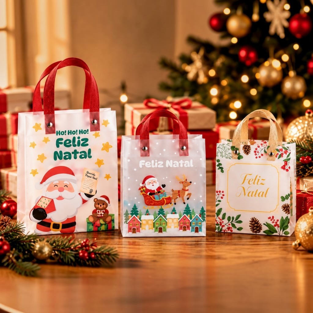Kit 10 Sacola Natalina para Presente Translúcida Papai Noel Rena Feliz Natal 13x15 e 15x20