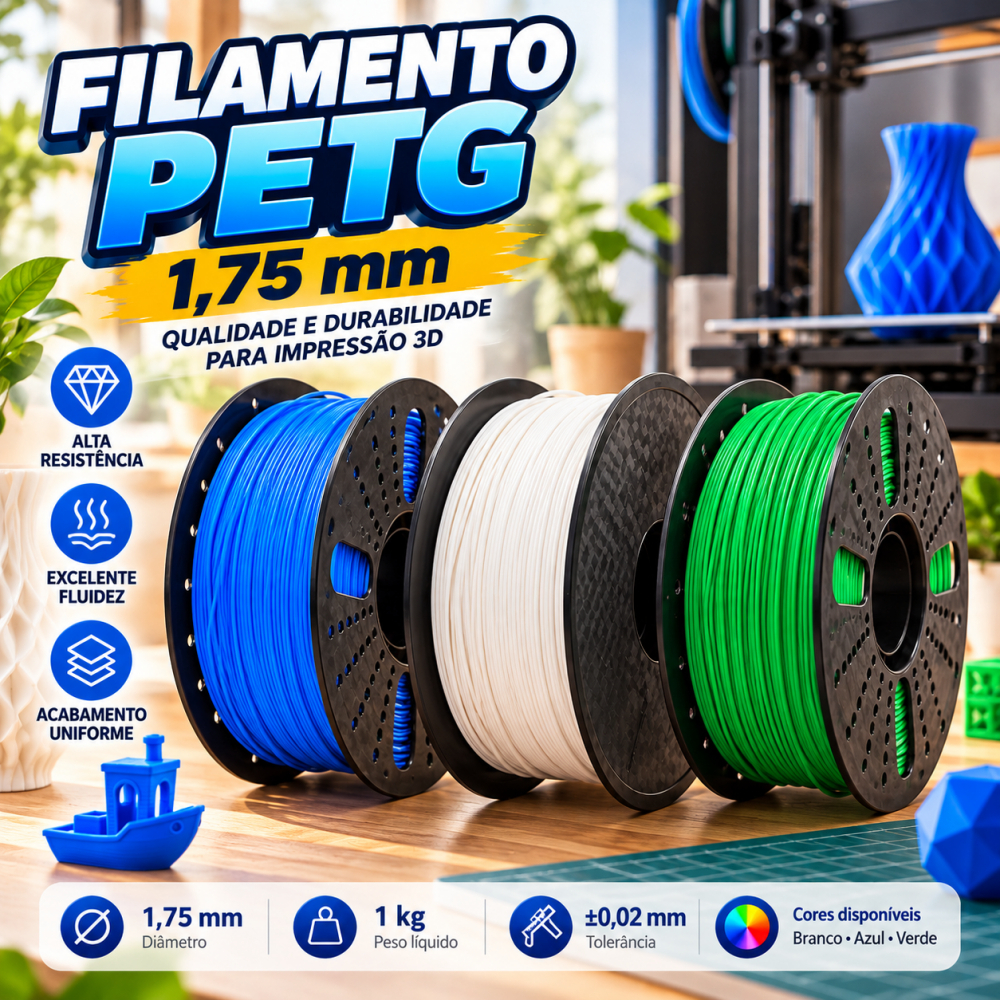 Filamento 3D PETG 1kg 1,75mm para Impressora 3D, Tolerância ±0,02mm, Rolo Branco Azul Verde