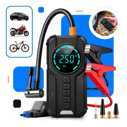 Auxiliar de Partida Carregador Bateria Com Compressor De Ar Portátil Veicular Emergência 6 em 1 Inteligente Digital 12V Calibrador Pneu Automotivo Lanterna LED Moto SUV Bike Caminhonete Marca Nixzen