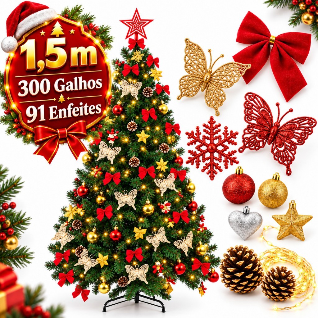 kit Árvore de Natal 1,5m Cheia Decorada 300 Galhos Verde Pé de Ferro 150cm Premium Pisca Led Laço Quente
