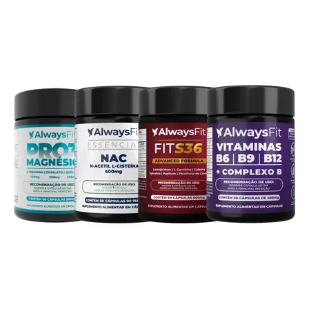 Kit Pro Saúde Alwaysfit | Pro3magnesio + Nac + Complexo B + Fits36 | 4 Suplementos
