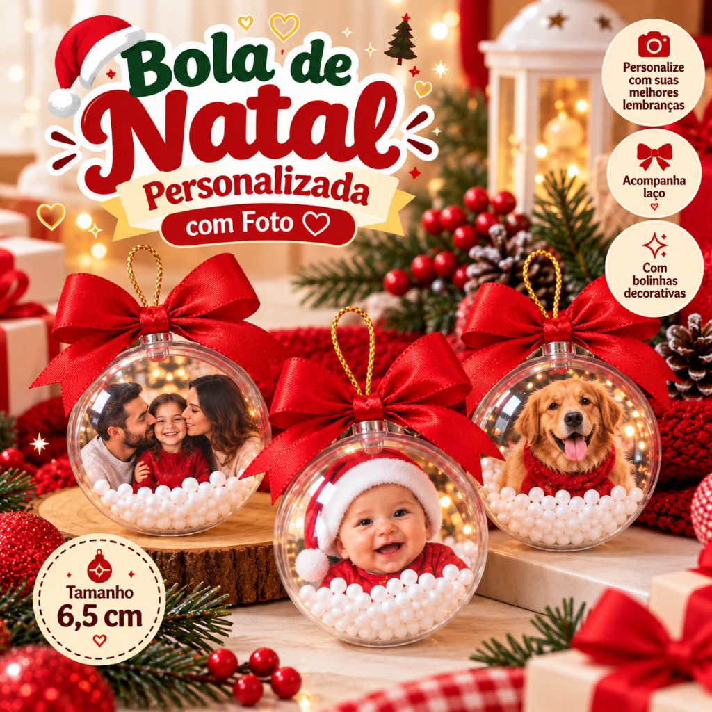 ENVIO RÁPIDO Esfera Bola de Natal Personalizada com Foto Lembrança de Natal Enfeite 6,5cm Decoração