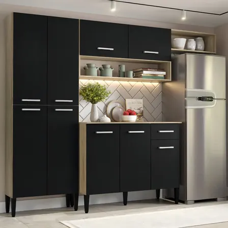 Cozinha Compacta Arizona Glam Com Armário E Balcão Carraro Cor Carvalho/Preto