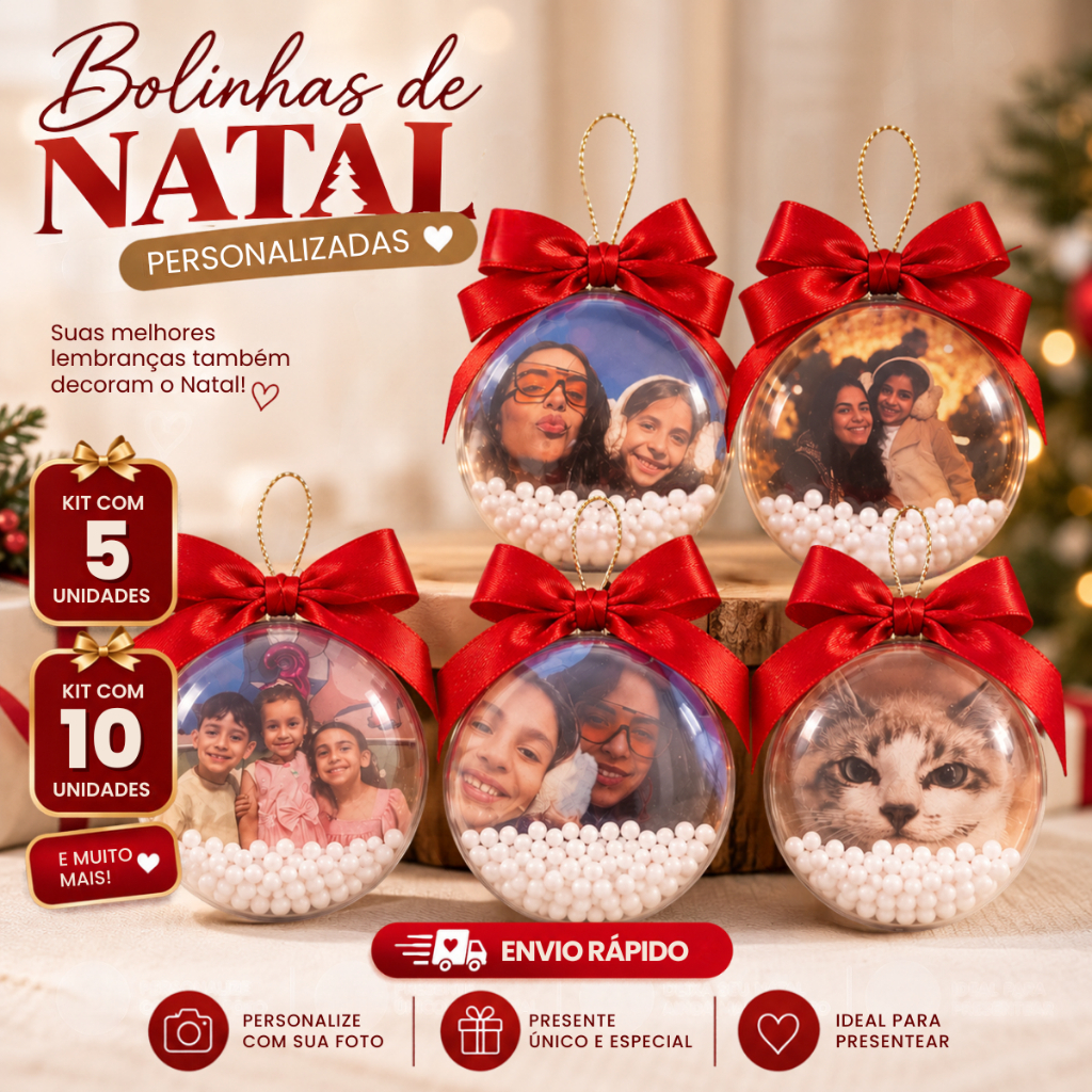 Bolinha de Natal Personalizada com Foto em Acrílico 6,5cm com Neve | Enfeite de Natal para Árvore | Kit 3 5 8 ou 10