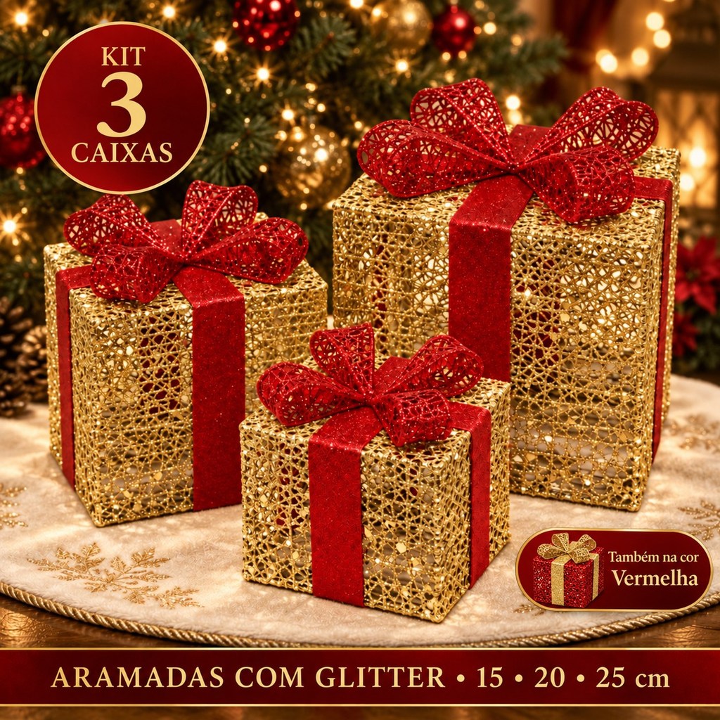 Caixas Presente Decorativas Natal Kit 3 Enfeites Árvore de Natal Glitter Laço Aramada Vermelha