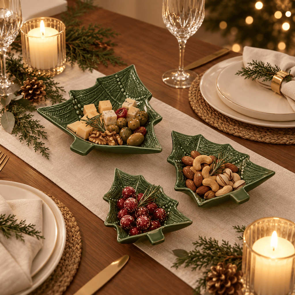 Kit / Conjunto Petisqueira Natal Árvore de Natal Alto Relevo Funda Verde em Cerâmica Ideal Para Mesa Posta Scalla 2a