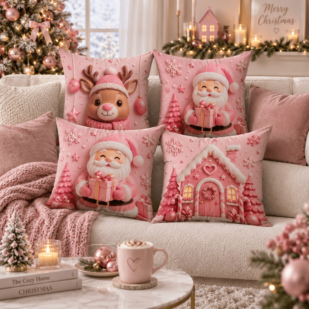 Kit 4 Capas de Almofadas Natalinas 45x45cm Papai Noel Rena Casinha Rosa Enfeite de Natal