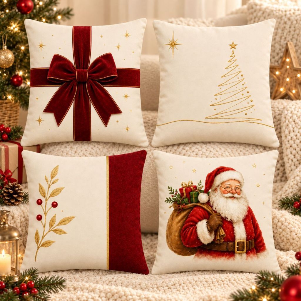 Kit 4 Capas de Almofada Decorativas Natalinas Decoração Natal Papai Noel Sala e Sofá 45x45
