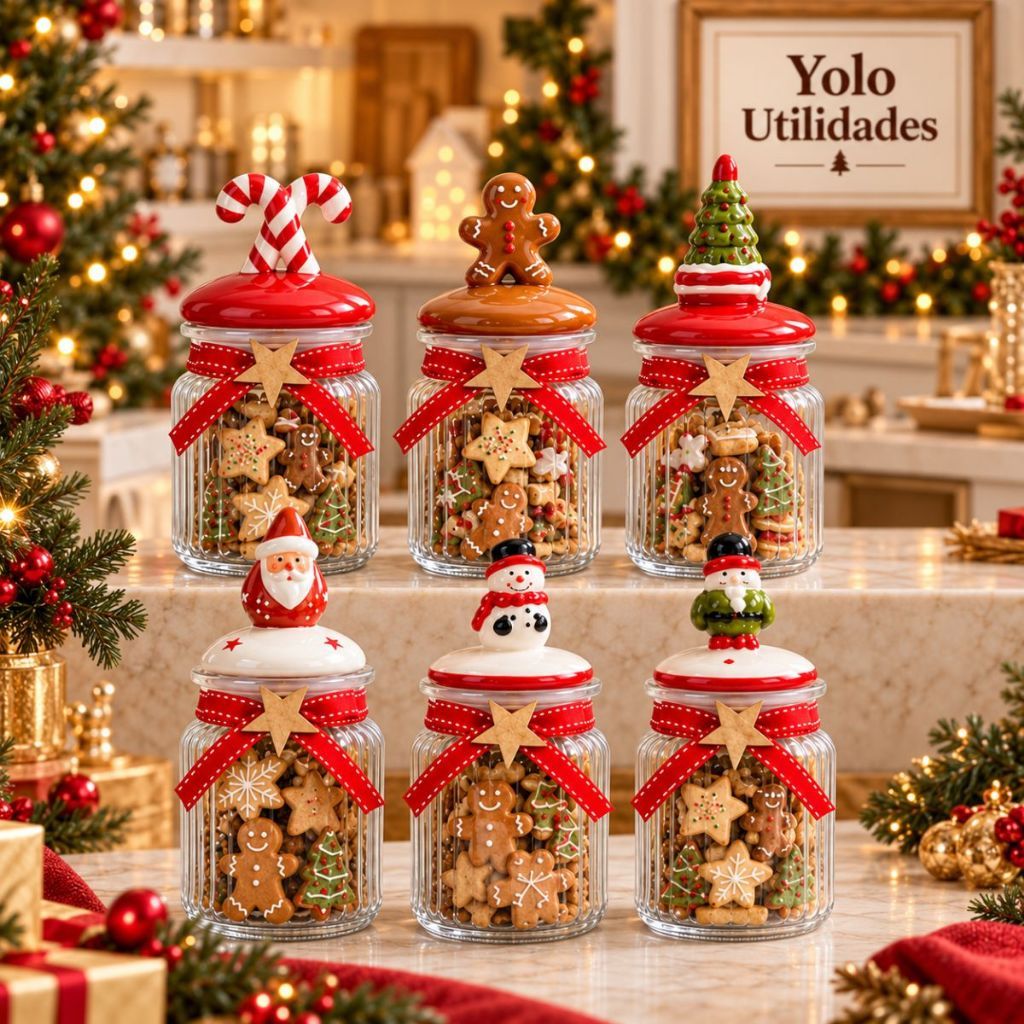Potes de Vidro Natalinos 300mL - Porta Mini Biscoitos Porta Doces Bomboniere Decoração de Natal com Tampa Decorada