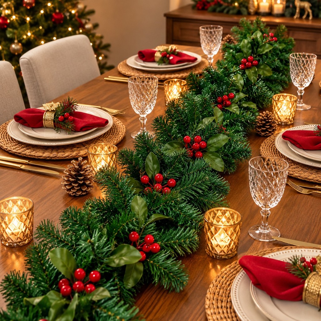 Kit Decoração de Natal Festão Aramado Flexível 2,70m com Cordão Arranjo De Mesa