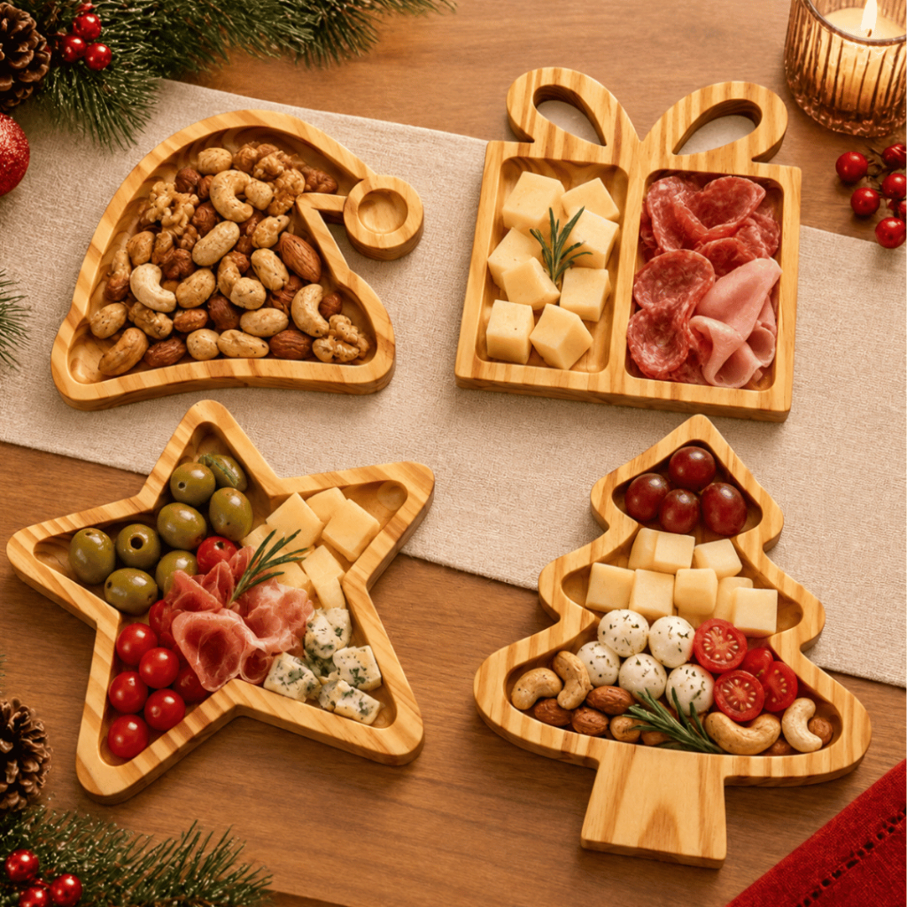 Petisqueira de Natal Madeira Pinus Tábua de Frios Mesa Posta Petiscos Gorro Presente Pinheiro Estrela