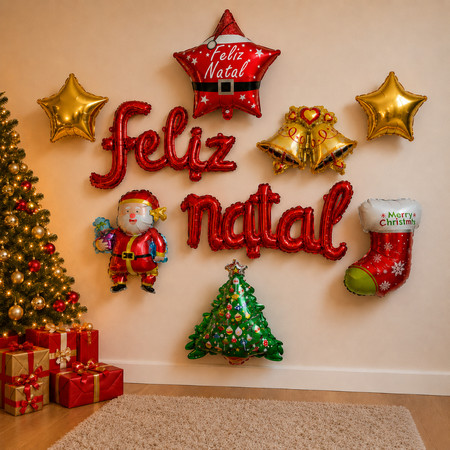 Kit Balões Natalinos Decoração de Natal Feliz Natal Papai Noel Árvore Estrelas Festa