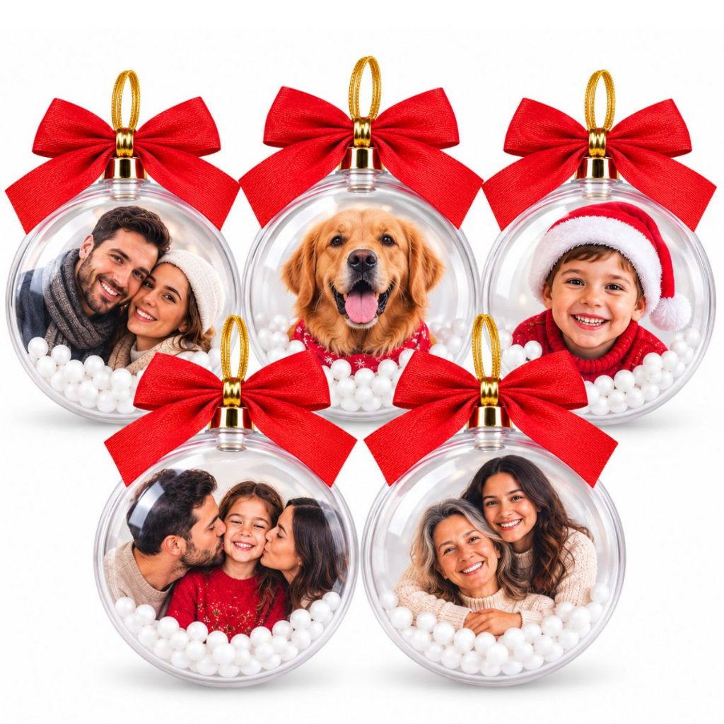 Kit 10 Bolas de Natal Personalizadas com Foto Acrílico Enfeite Árvore Natalina Presente Família Decoração