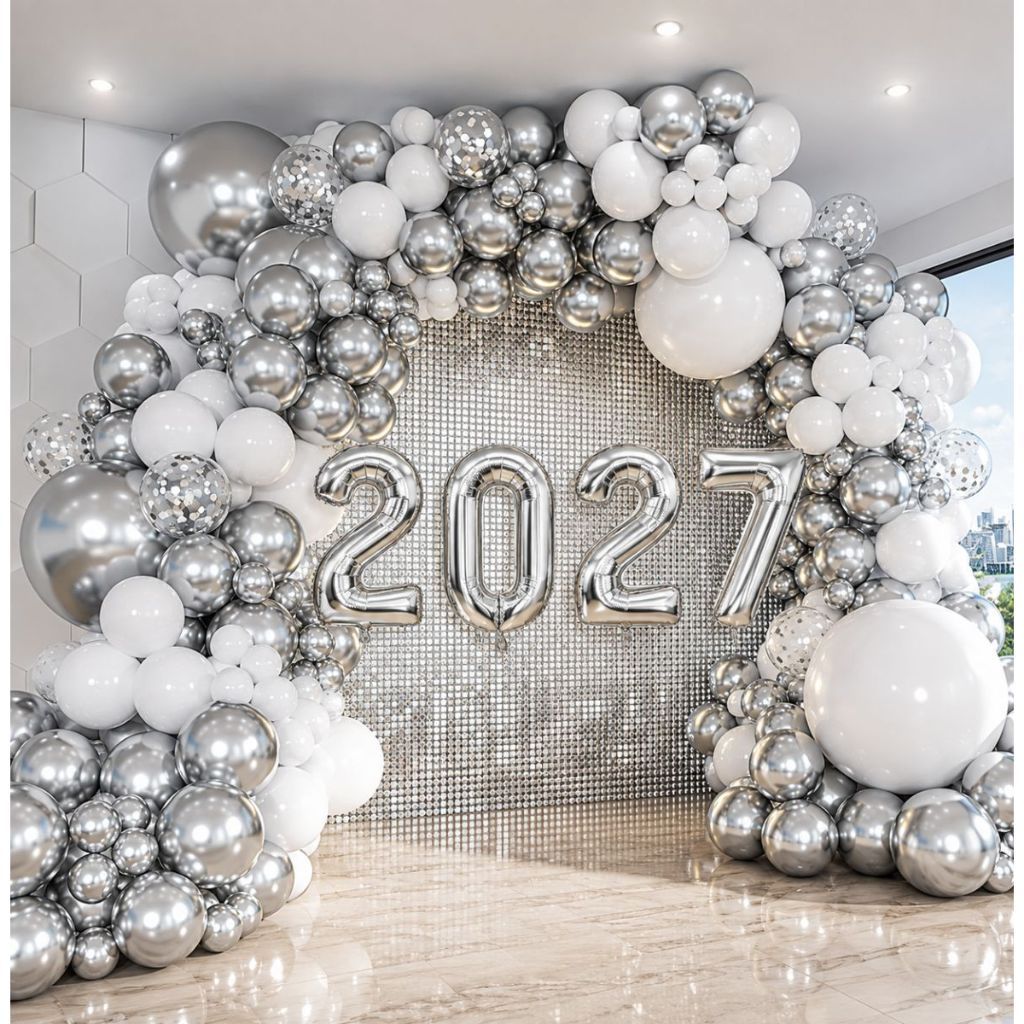 Kit Balões Ano Novo 2027 Branco Prata Cromado Metalizado Revéillon Fim de Ano Arco Desconstruído Guirlanda de Natal