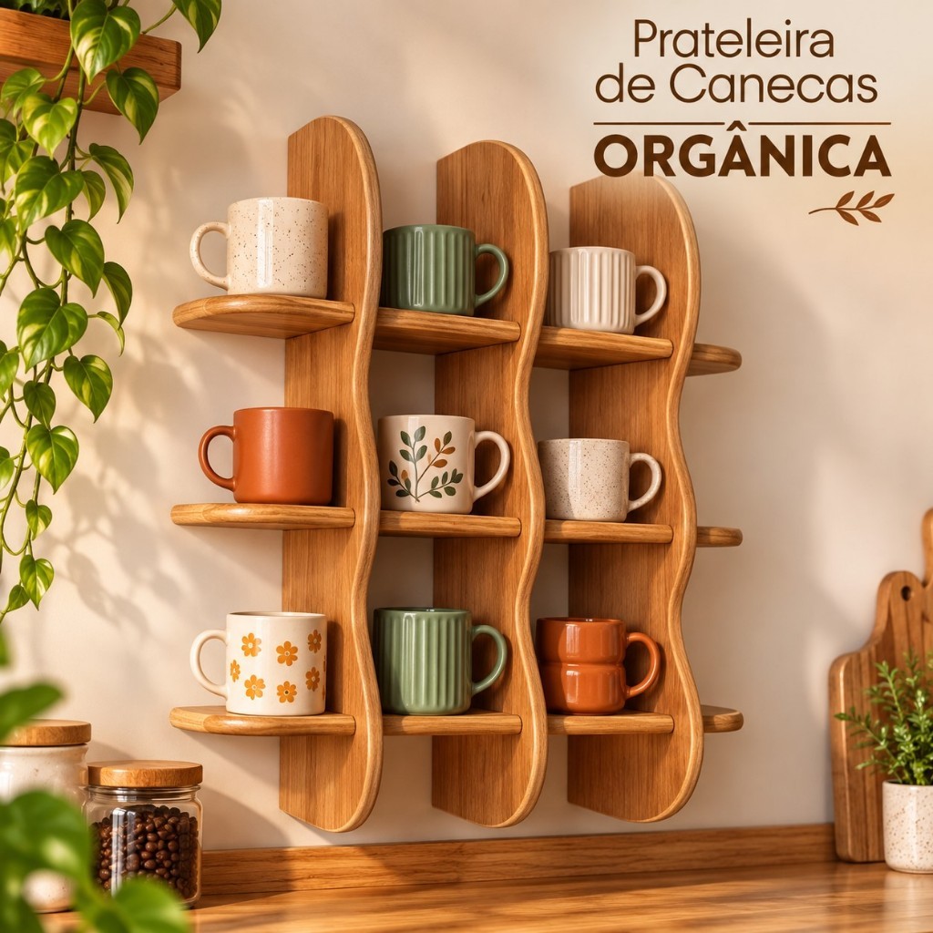 PRATELEIRA DE CANECAS ORGANICA MDF 15MM ORGANIZADOR DE COZINHA PAREDE