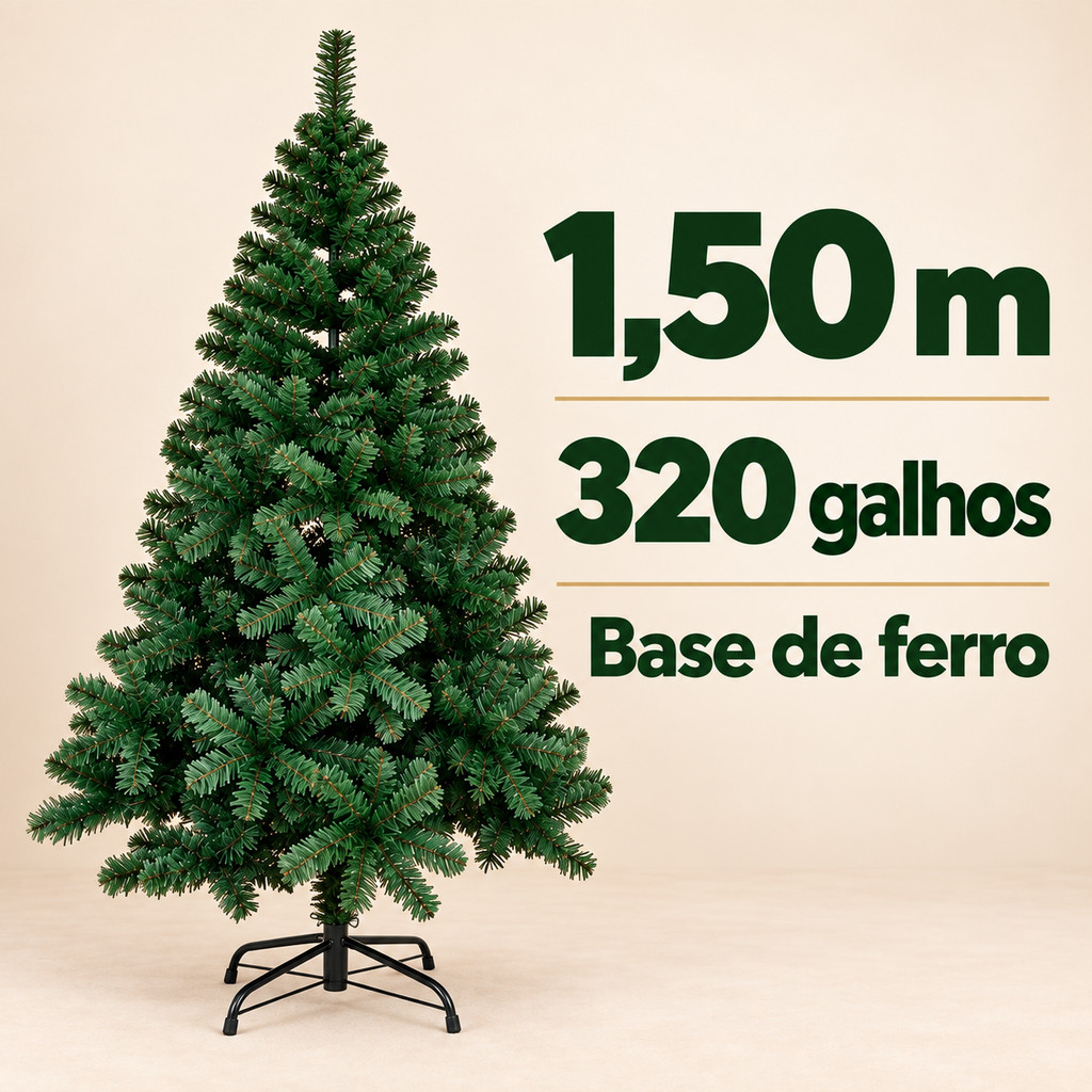 Arvore de Natal Tradicional Pinheiro Cheia 1,50m 320 galhos - Pé de Ferro/Durável