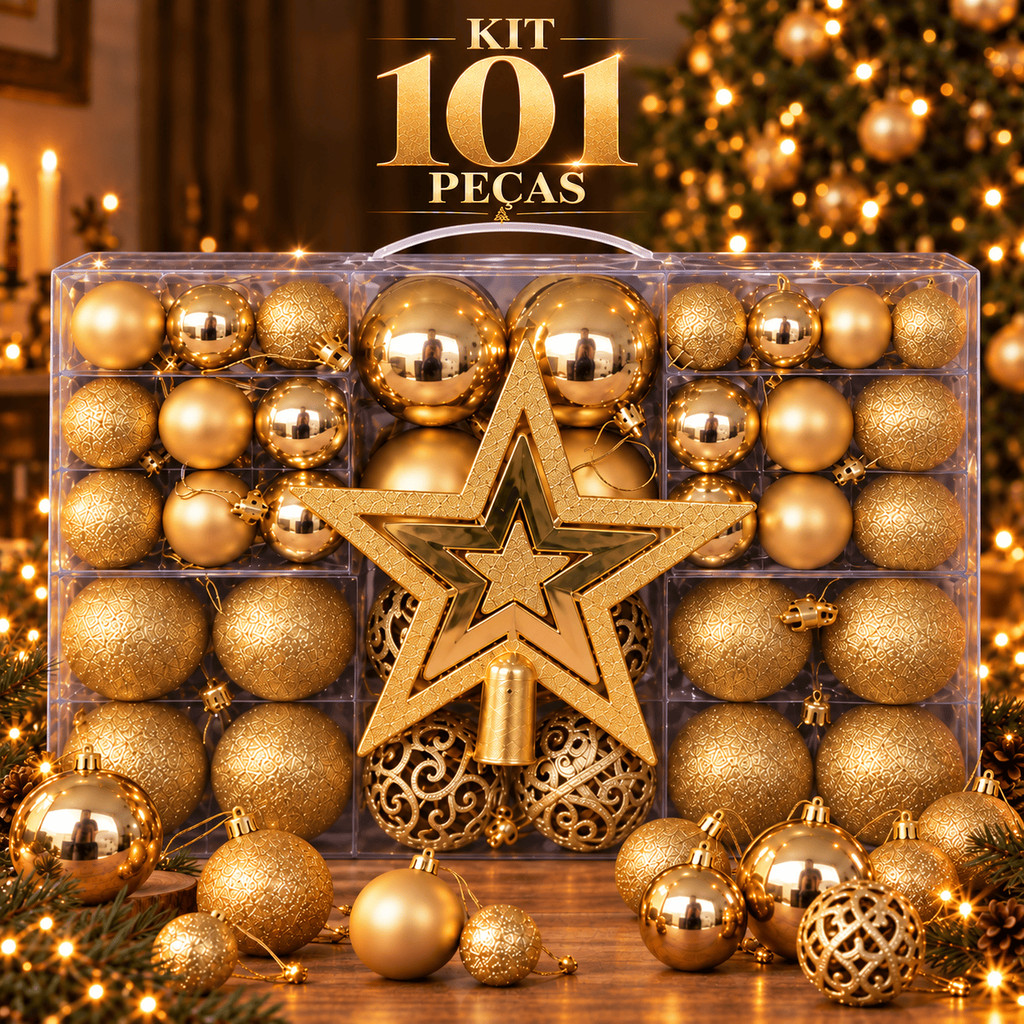 Kit Enfeites de Natal 101 Peças com Bolas Glitter Fosca Brilhante e Estrela 20cm
