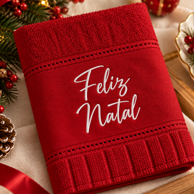 Toalha de Lavabo Natalina Bordada Feliz Natal 30x50 cm | Toalha Decorativa de Natal