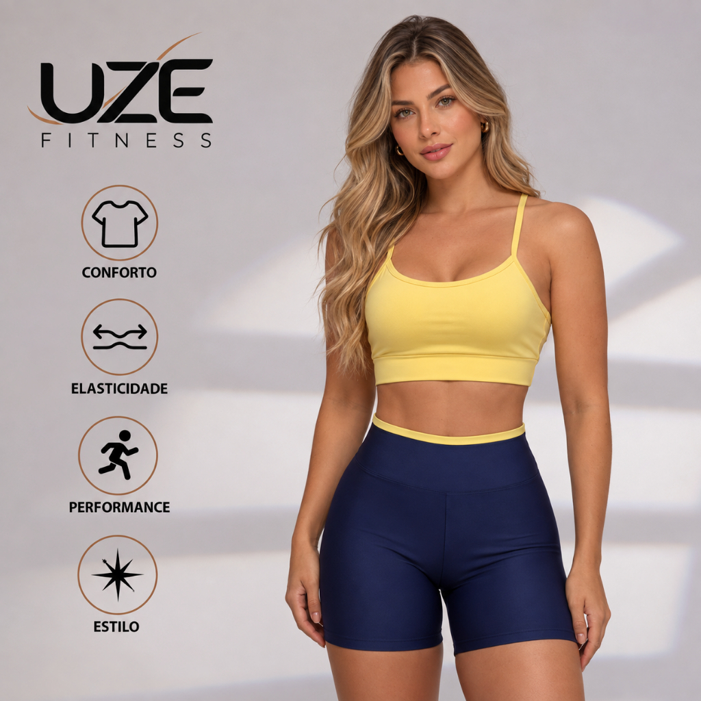 Conjunto Fitness Feminino Top Alça Reforçada E Short Bicolor Zero Transparencia Tecido Suplex Premium P ao GG