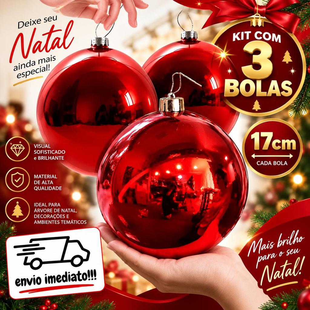 Kit Bolas De Luxo 3 Unidades 17 Cm Natal Grande Brilhante Lisa Vermelha Gigante Premium Decoração Enfeite de Arvore