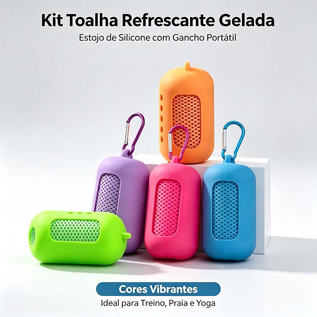 Kit Toalha Refrescante Gelada Portátil com Estojo de Silicone e Gancho, Toalha Mágica para Treino, Praia e Yoga