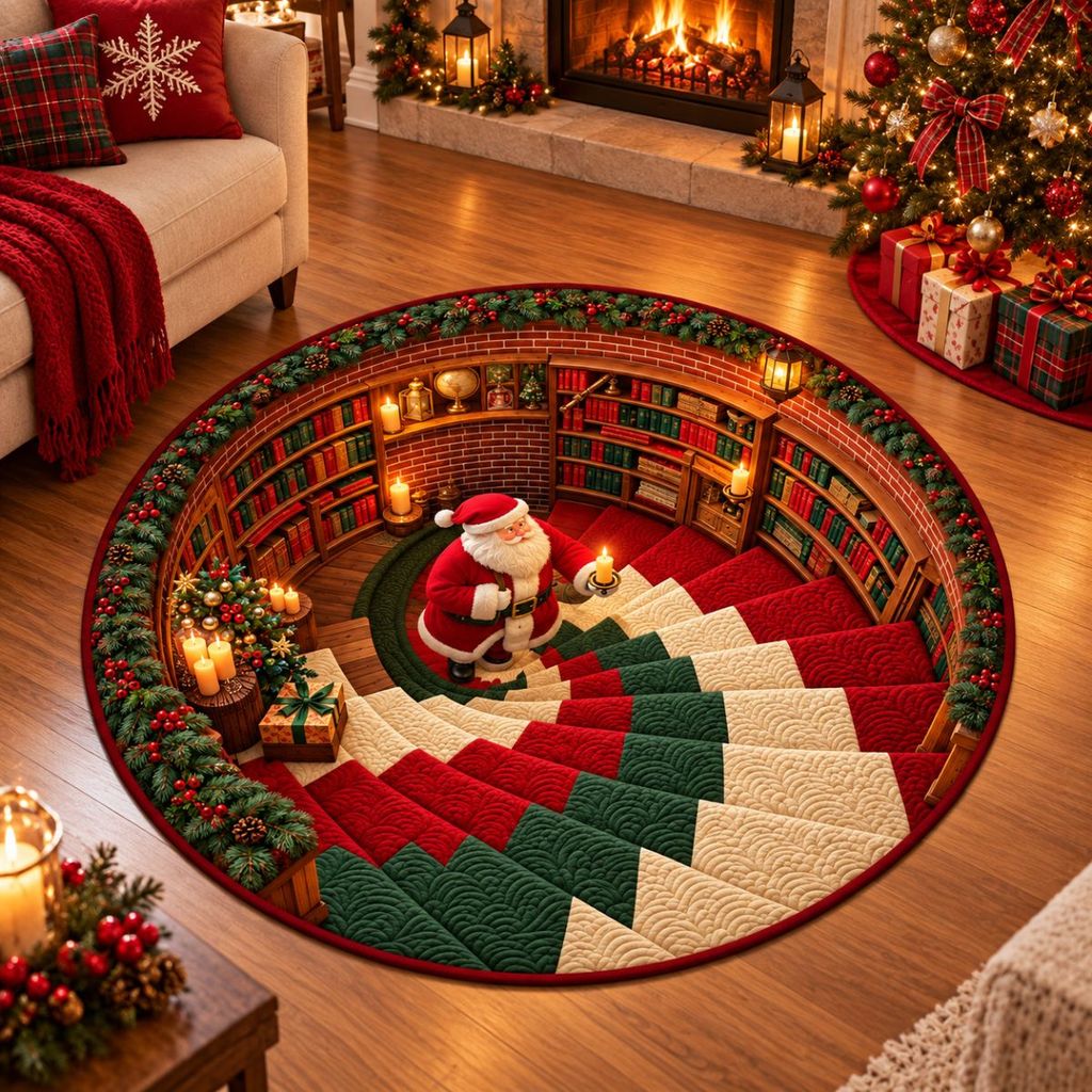 Tapete Redondo Decorativo Natal 88cm Antiderrapante para Sala e Quarto 2273