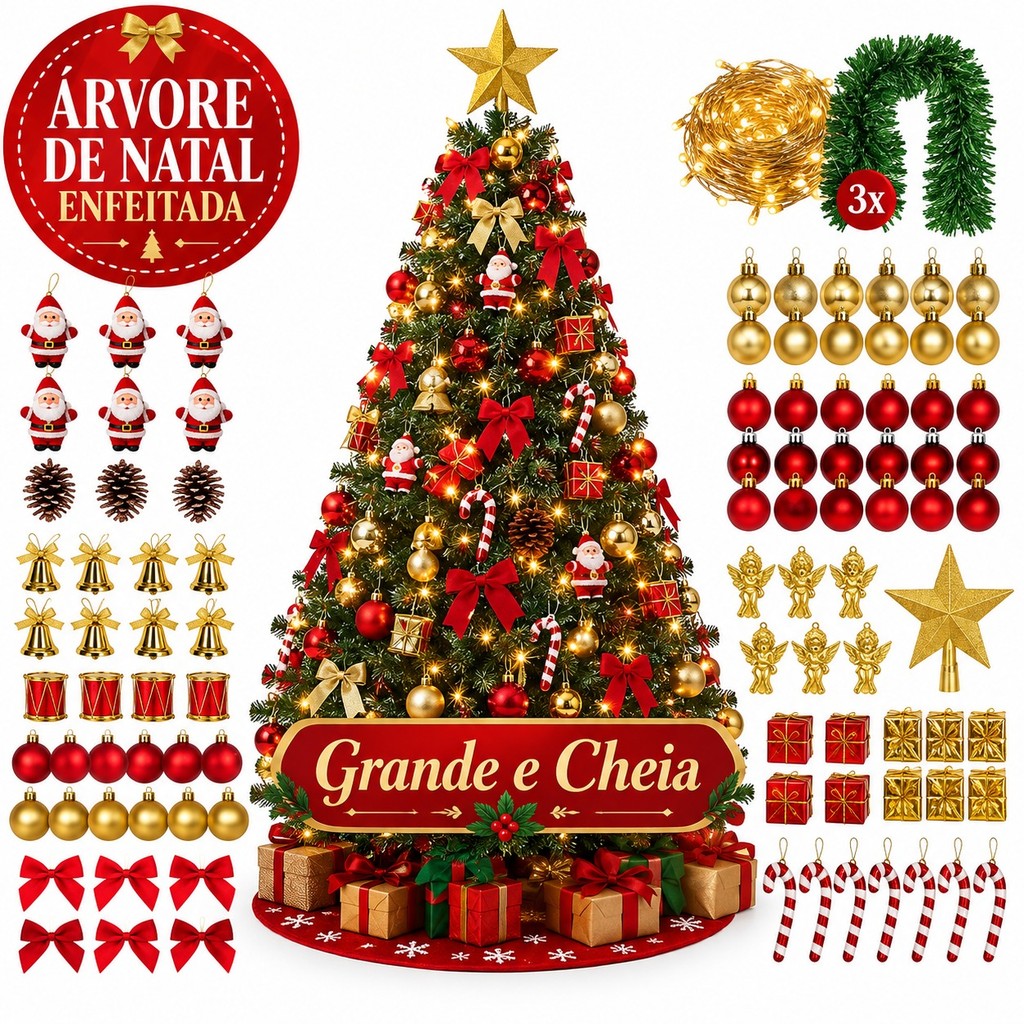 Árvore de Natal Grande Decorada Enfeitada Cheia 1,20m 1,50m 1,80m 2,10m 2,40m 2mts Vários Tamanhos