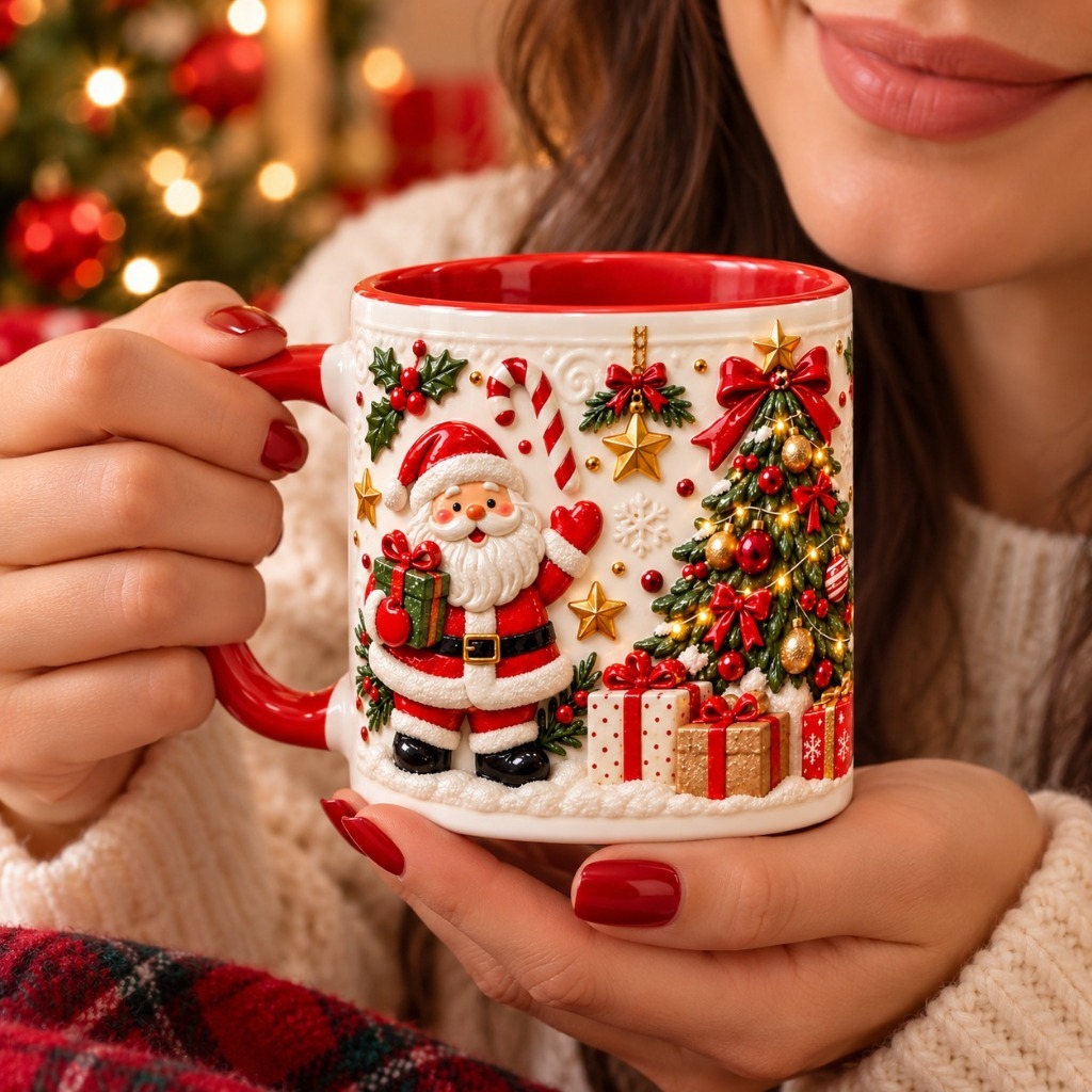 Caneca de Natal Vermelha Decorada com Casinha de Gengibre e Árvore Natalina