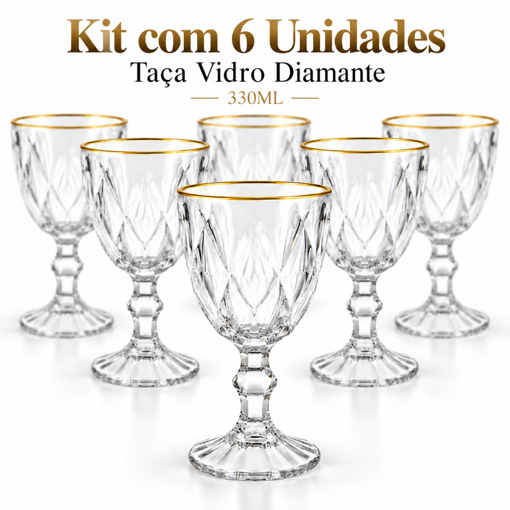 Kit 6 Taça de Vidro Diamante 330ml Facetada Vinho Elegante