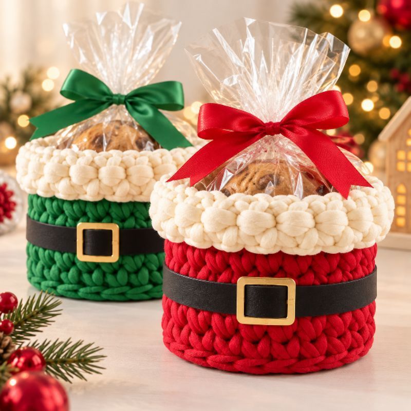 Porta Mini Panetone de Crochê Papai Noel Lembrancinha e Decoração de Natal Cesto organizador