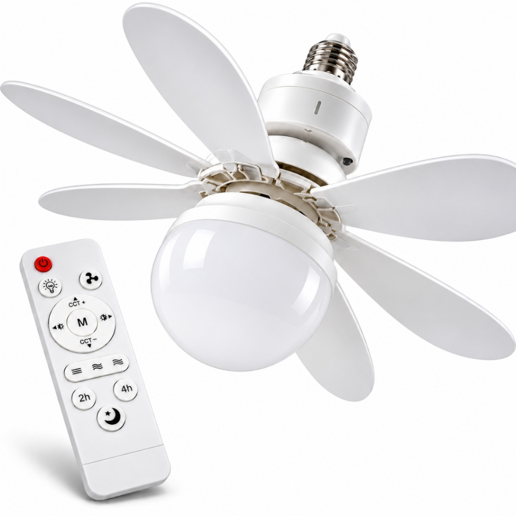 Ventilador de Teto com Luminária Controle Remoto LED 6 Pás 3 Cores de Luz Bivolt Soquete E27 Silencioso