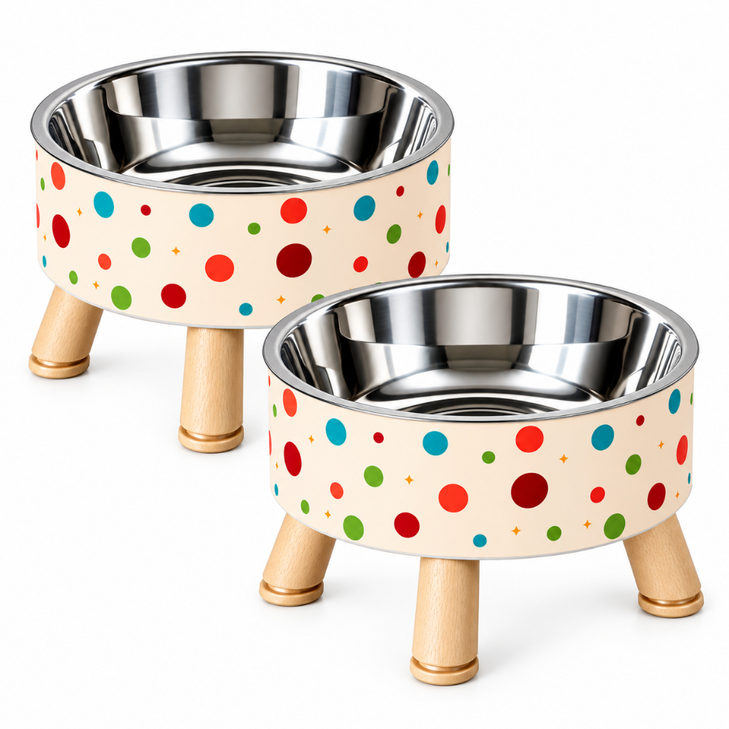 Kit 2 Comedouros Elevados Estampados Com Tigelas em Inox Cachorros Gatos