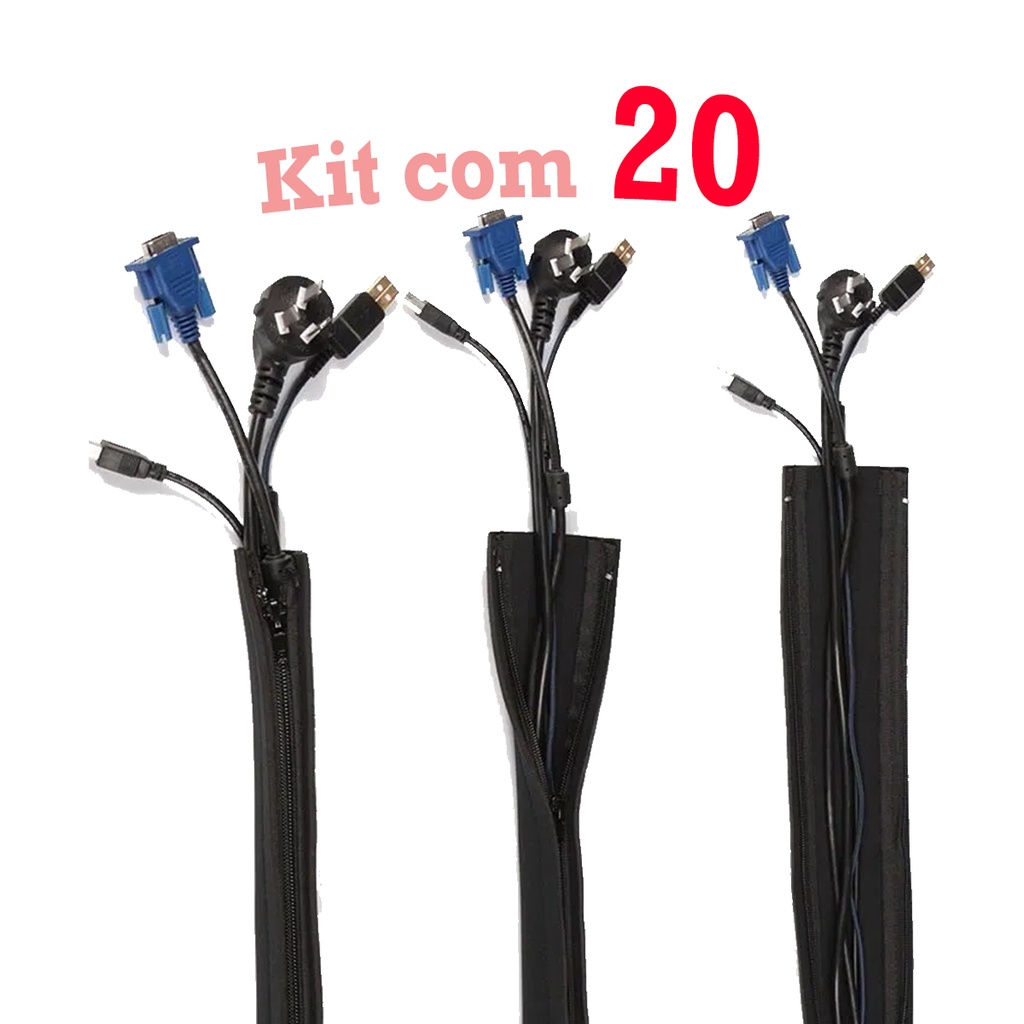 Kit 20 Capas Esconde Fios Cabos 50cm Zíper Organizador Para Computador Mesa Gamer Casa Escritório