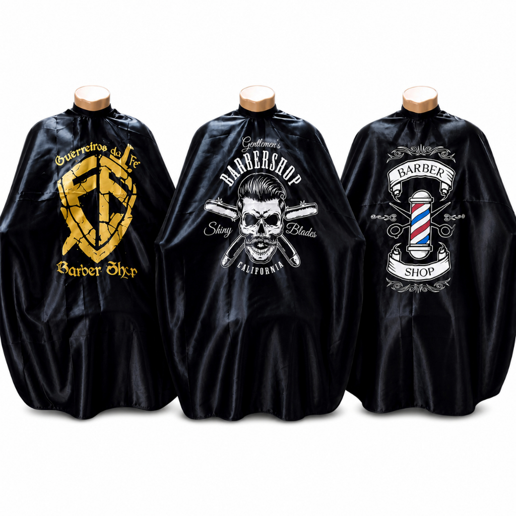 Kit 3 Capas Barbeiro Cabeleireiro Profissional Cetim 145x120cm Com Ziper Gola Microfibra