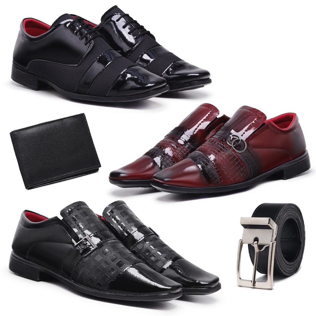 Kit 3 Pares Sapato Social Masculino Moda Evangélica Carteira E Cinto