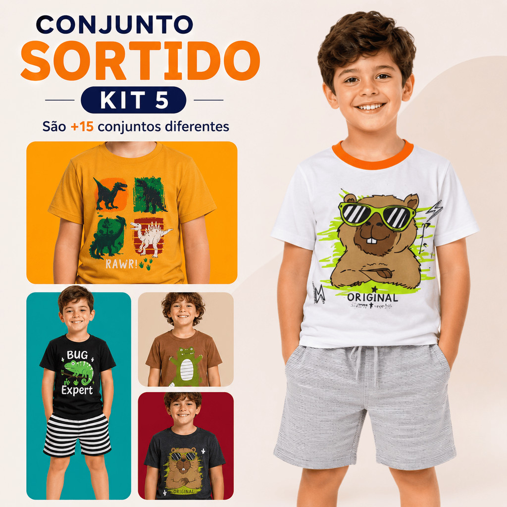 Kit 2, 3 e 5 Conjuntos Masculino/Menino Coleção Infantil Juvenil - 5 Camiseta e 5 Shorts