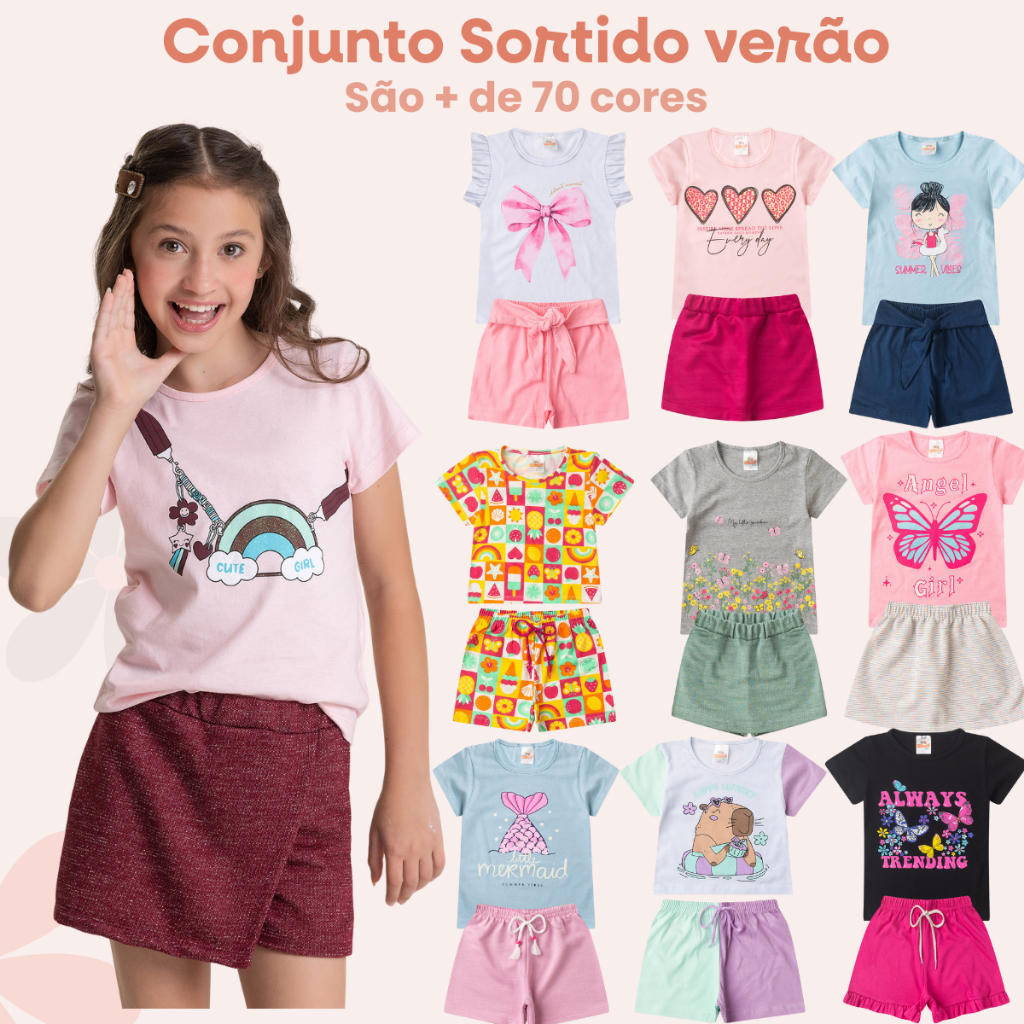 Kit Sortido 10 Peças de Roupas Femina Verão Menina Sortido  Blusa + Short  Estampas Variadas Algodão  Tam 2 ao 14