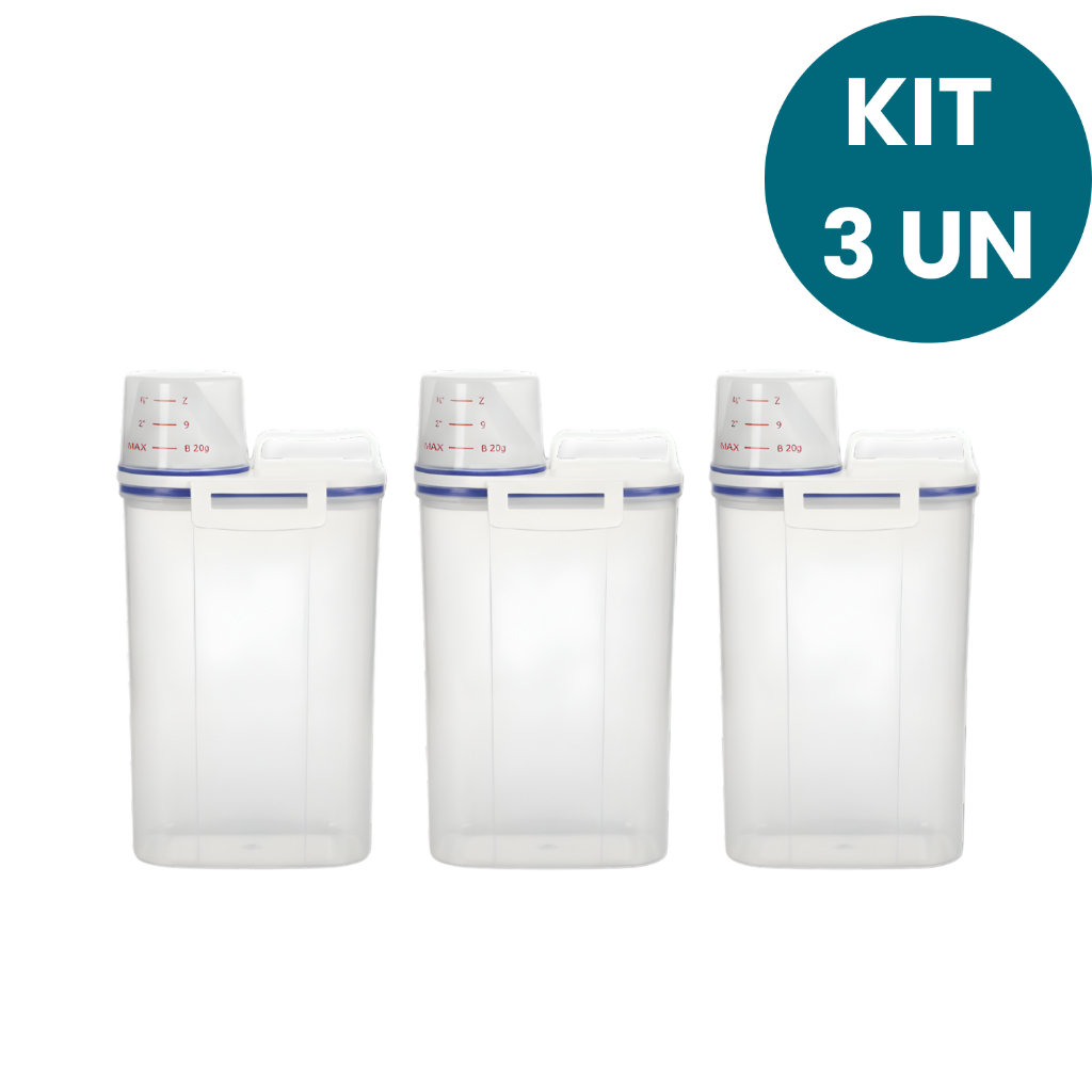 Kit 3 Potes Herméticos 2,5L Copo Medidor Bico Dosador Anti Vazamento Porta Mantimentos Arroz Grãos Cozinha Lavanderia