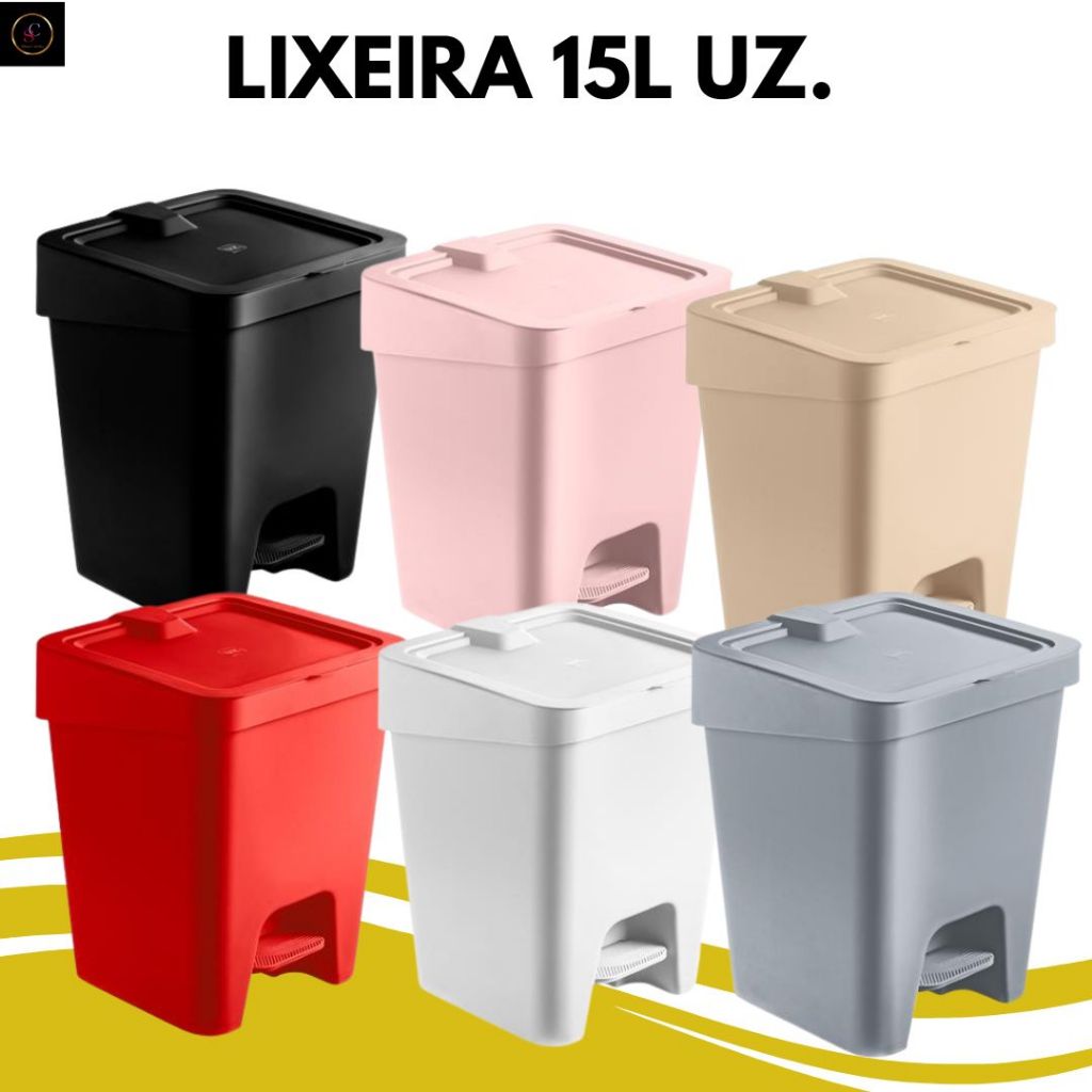 Lixeira 15l Plástico Resistente Slim Com Pedal P/ Cozinha, Banheiro, Lavanderia - Preto Uz