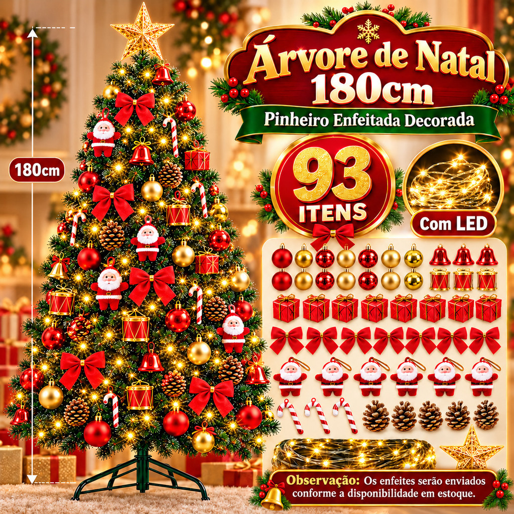 Árvore de Natal 180cm Decorada Completa 340 Galhos  93 Enfeites Pisca LED Pinheiro Artificial