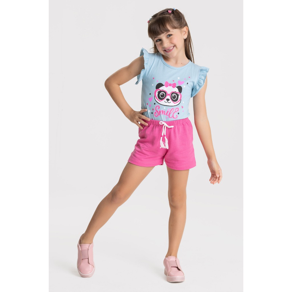 Conjunto Infantil Menina Estampado Panda - Camiseta com Babado + Shorts Rosa 2 ao 14 anos