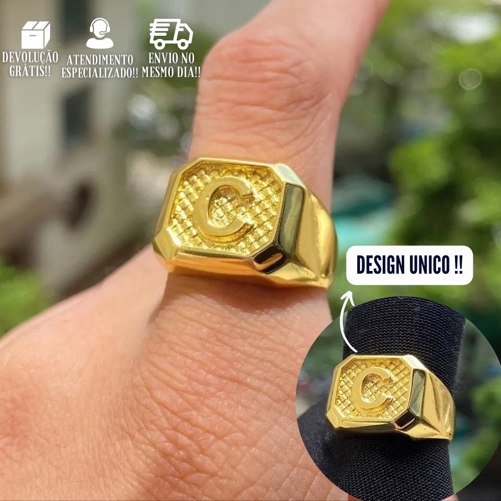 Anel De Ouro Letra C Dedeira Masculina 7g Banhada A Ouro 24k