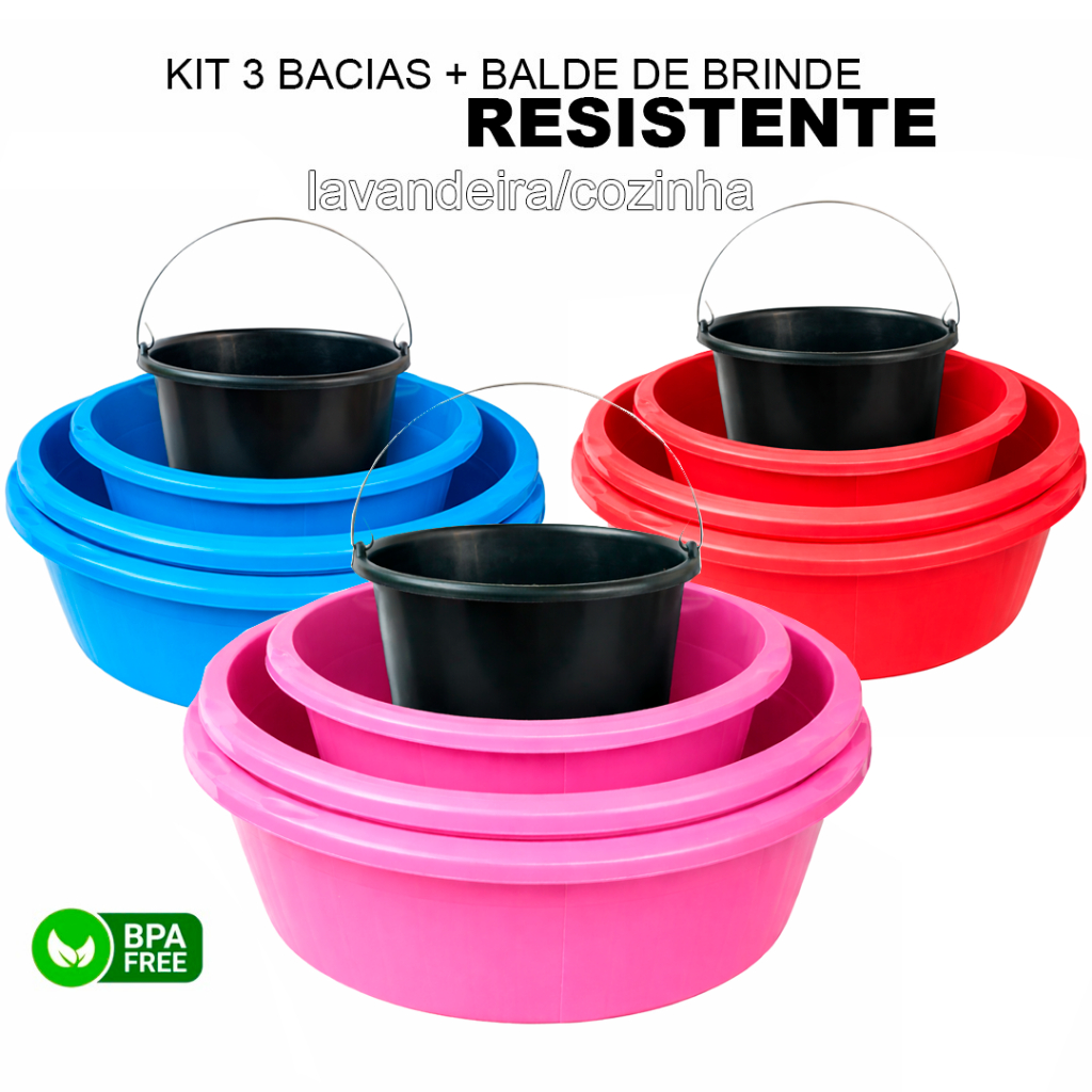 Kit 3 Bacias Plásticas Extra Grandes E Balde 12L Multiuso Lavanderia e Limpeza Casa Cozinha