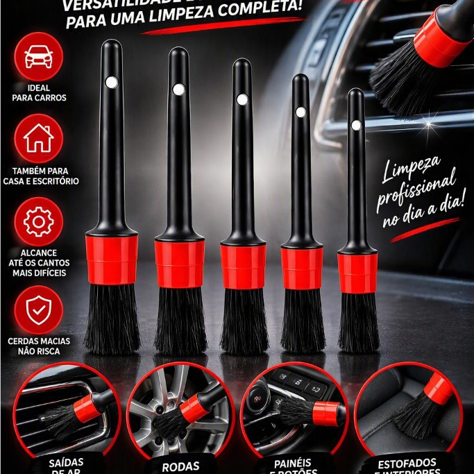 Kit 5 Pincéis Para Lavagem Automotiva Com Cerdas Longas Sem Metal E Uso Seco Ou Molhado