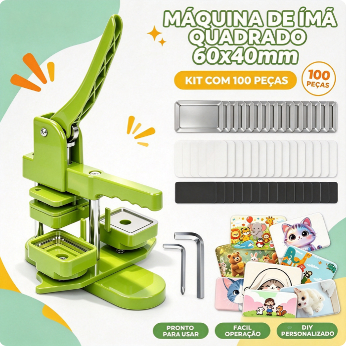 Máquina de Fazer Ímã de Geladeira 60x40mm Botão Quadrado DIY com 100 Peças