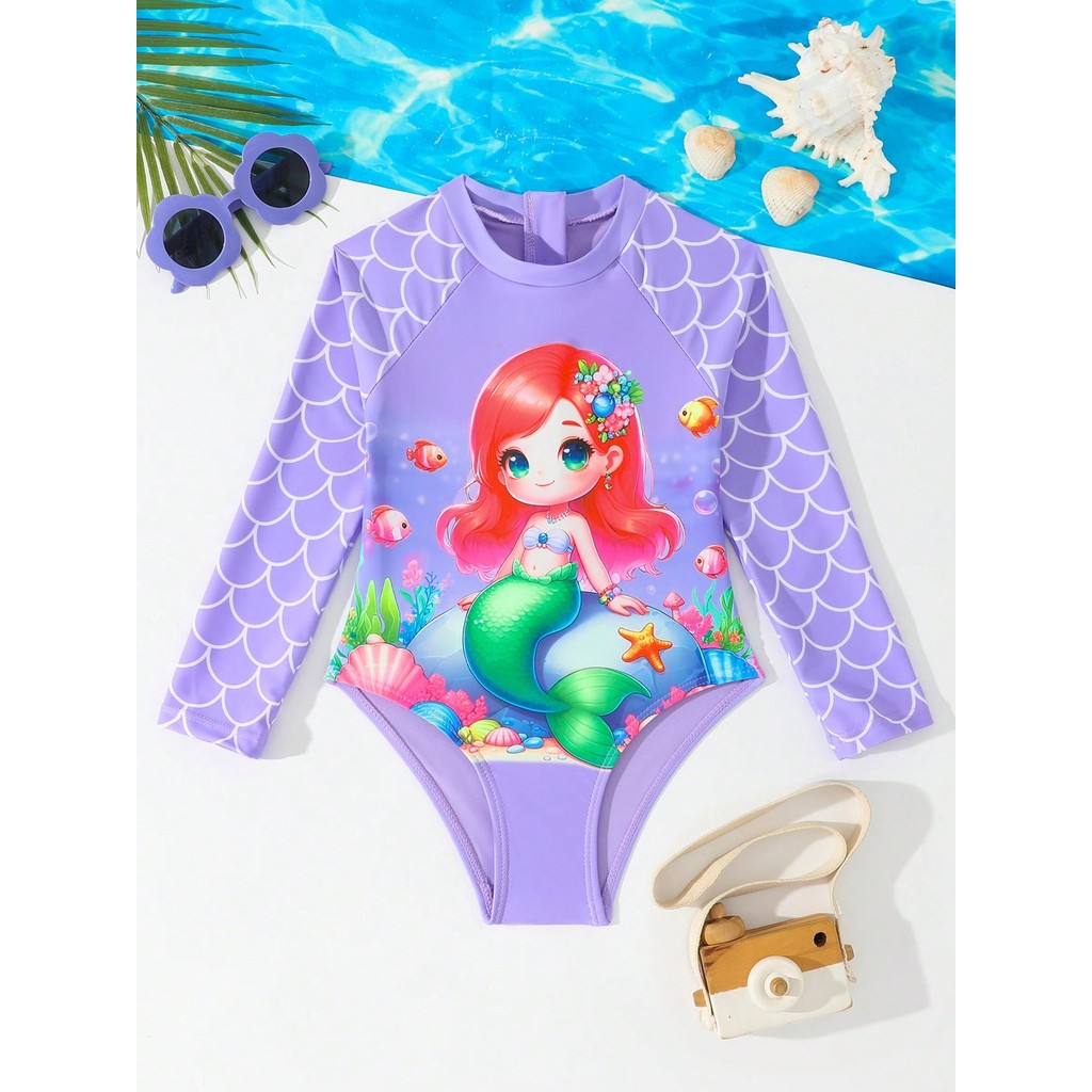 RWX VEST Maiô Infantil com Estampa de Sereia e Manga Longa 2025 B3625